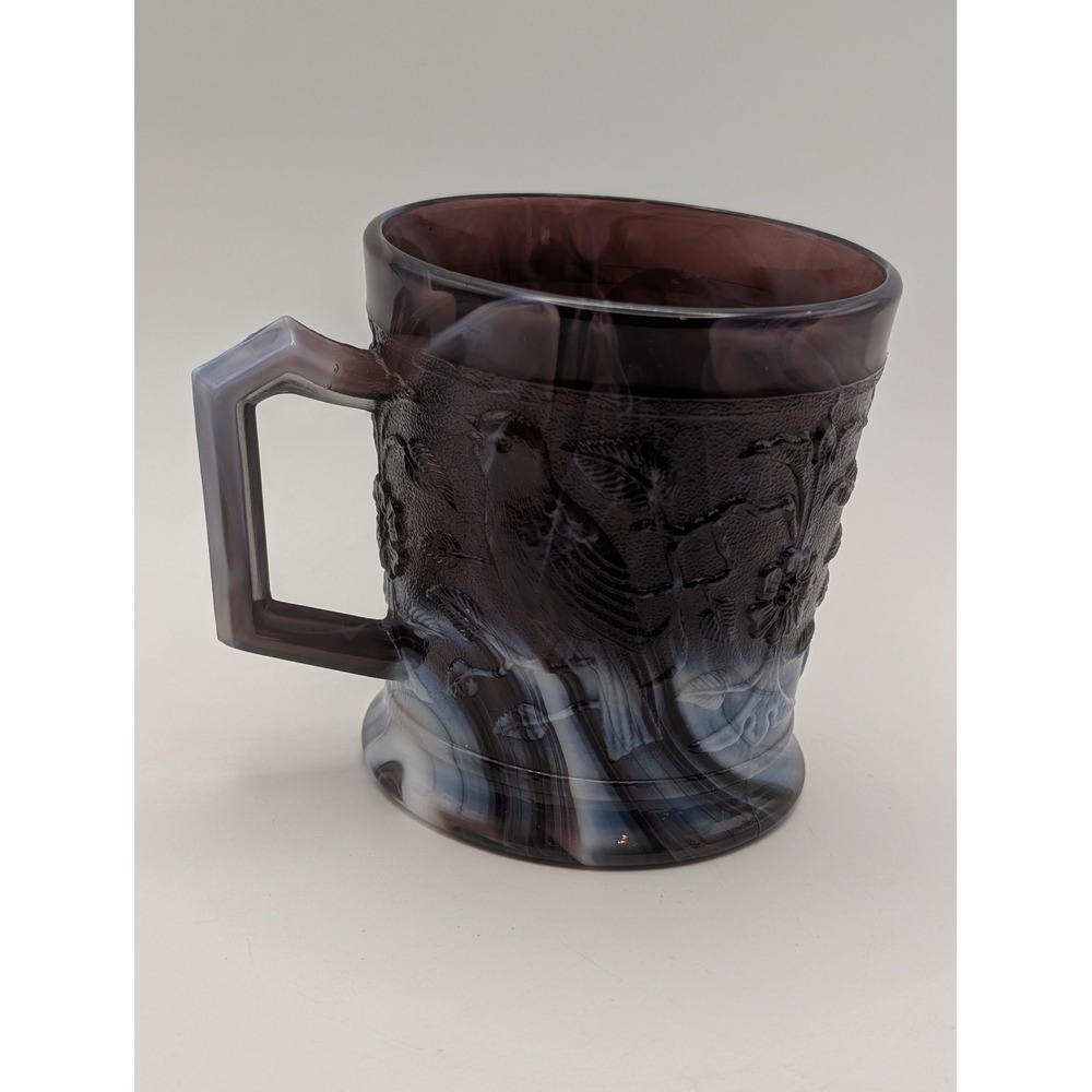 Imperial Glass Purple Slag Glass Mug Embossed Song Bird Floral Amethyst IG Mark